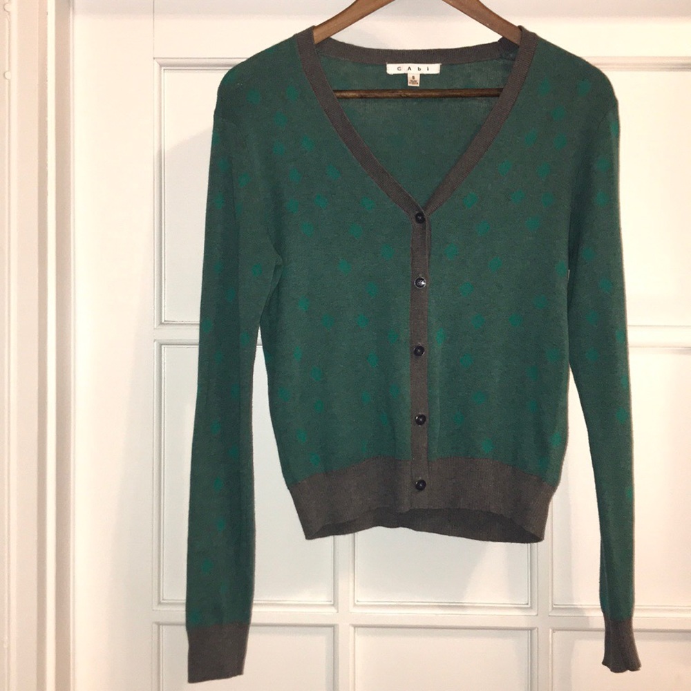CAbi Green & Gray Polka Dot Cardigan B11